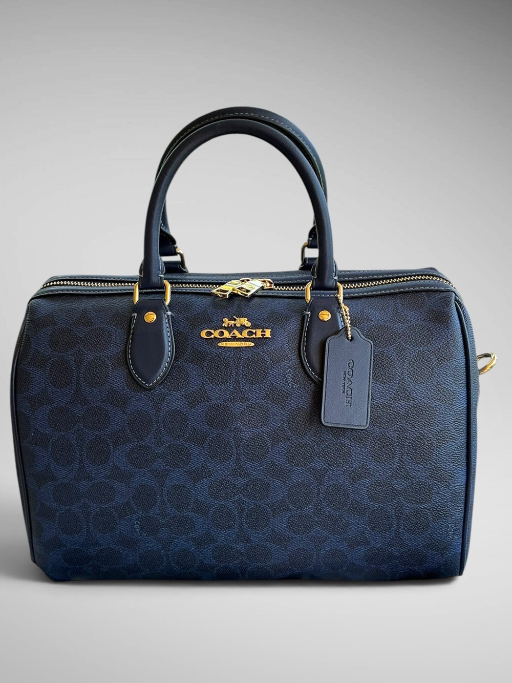 Coach Rowan Large Blue Satchel Signature Canvas Gold Navy NWT